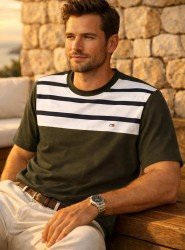 8698- TMY Haki Yeşil-Lacivert Çizgili Bisiklet Yaka T-shirt