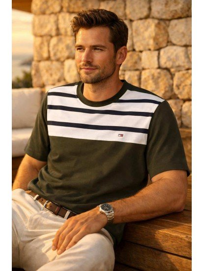 8698- TMY Haki Yeşil-Lacivert Çizgili Bisiklet Yaka T-shirt