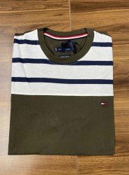 8698- TMY Haki Yeşil-Lacivert Çizgili Bisiklet Yaka T-shirt