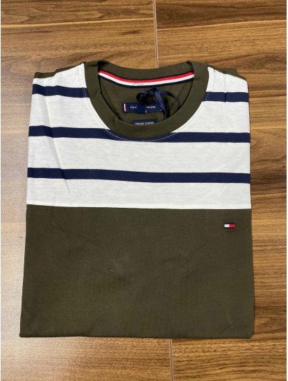 8698- TMY Haki Yeşil-Lacivert Çizgili Bisiklet Yaka T-shirt