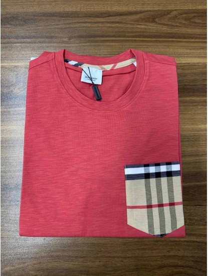 8700- BRBRRY Nar Çiçeği Cep Detaylı Bisiklet Yaka T-shirt