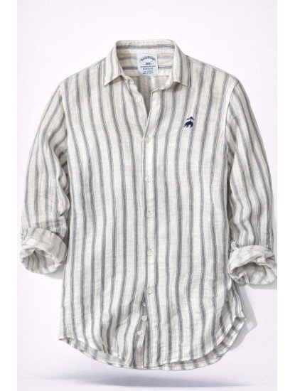 8707- Brooks Brothers Regular Fit Ekru-Gri Çizgili Müslin Gömlek