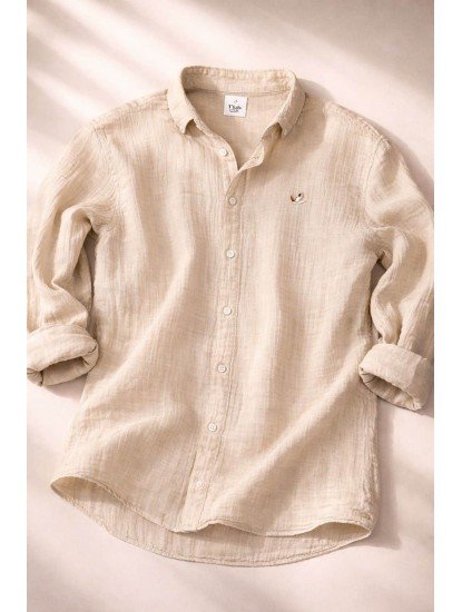 8709- Bymn Bej  Comfort Fit Müslin Gömlek