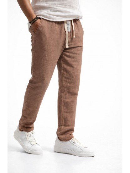 8719- BYMN Kahverengi İpli Müslin Pantolon