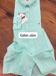 8760-BYMN Slim Fit Mint Yeşili Keten Gömlek