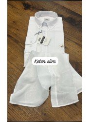 8762-BYMN Slim Fit Beyaz  Keten Gömlek