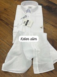 8762-BYMN Slim Fit Beyaz  Keten Gömlek