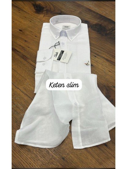 8762-BYMN Slim Fit Beyaz  Keten Gömlek