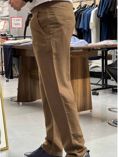 8768-JC Kahverengi Keten Pantolon