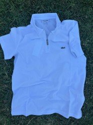 8781-LCST Beyaz Yarım Fermuarlı Pike Kumaş Polo Yaka T-Shirt