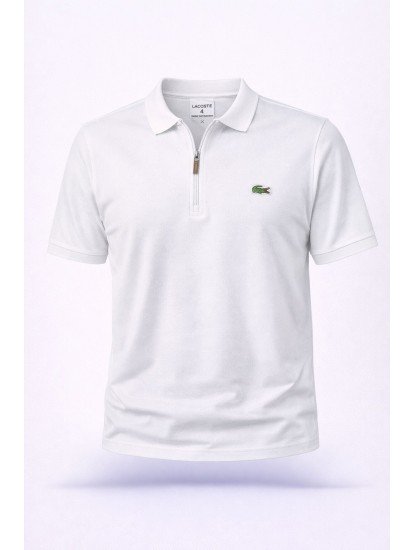 8781-LCST Beyaz Yarım Fermuarlı Pike Kumaş Polo Yaka T-Shirt