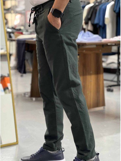 8788-BYMN Koyu Yeşil Regular Fit Keten Pantolon