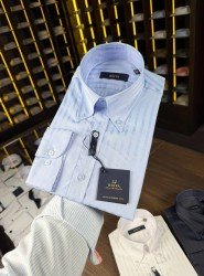 8806- Briva Slim Fit Mavi Easy Care Kumaş Kendinden Çizgili Gömlek