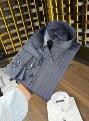 8807- Briva Slim Fit Siyah Easy Care Kumaş Kendinden Çizgili Gömlek