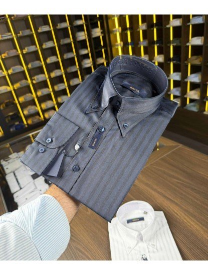 8807- Briva Slim Fit Siyah Easy Care Kumaş Kendinden Çizgili Gömlek