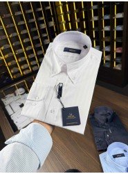 8808- Briva Slim Fit Beyaz Easy Care Kumaş Kendinden Çizgili Gömlek