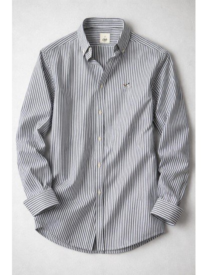 8811- BYMN Comfort Fit Gri Çizgili Pamuk Gömlek