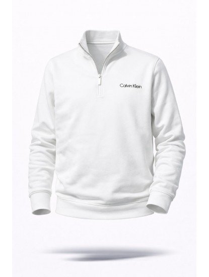 8839-CK Beyaz Yarım Fermuarlı Calvin Klein Enjeksiyon Baskılı Pike Kumaş Sweath