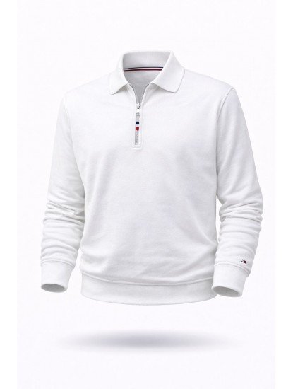 8855-TMY Ekru Yarım Fermuarlı Polo Yakalı Sol Kolu Nakış Logolu  Sweath