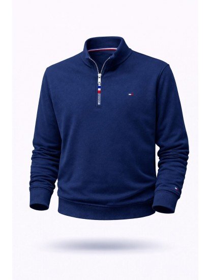 8856-TMY İndigo Yarım Fermuarlı Polo Yakalı Sol Kolu Nakış Logolu  Sweath