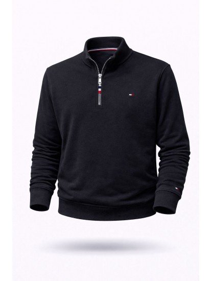 8857-TMY Siyah Yarım Fermuarlı Polo Yakalı Sol Kolu Nakış Logolu  Sweath