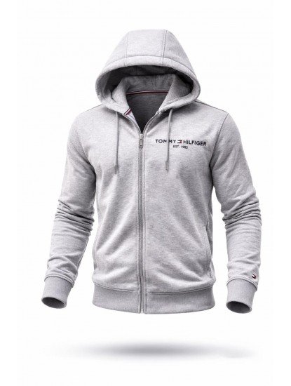 8859-TMY Gri Tam Fermuarlı Kapşonlu Sol Önde Nakış Logo Sweath