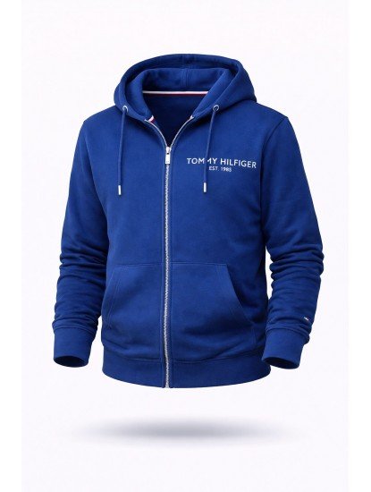 8860-TMY İndigo Tam Fermuarlı Kapşonlu Sol Önde Nakış Logo Sweath