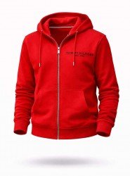8862-TMY Kırmızı Tam Fermuarlı Kapşonlu Sol Önde Nakış Logo Sweath