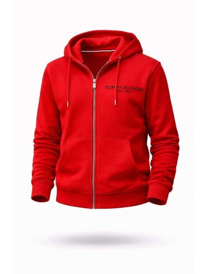 8862-TMY Kırmızı Tam Fermuarlı Kapşonlu Sol Önde Nakış Logo Sweath