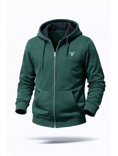 8865-GNT Yeşil Minik Nakışlı  Sweat Fermuarlı Kapşonlu