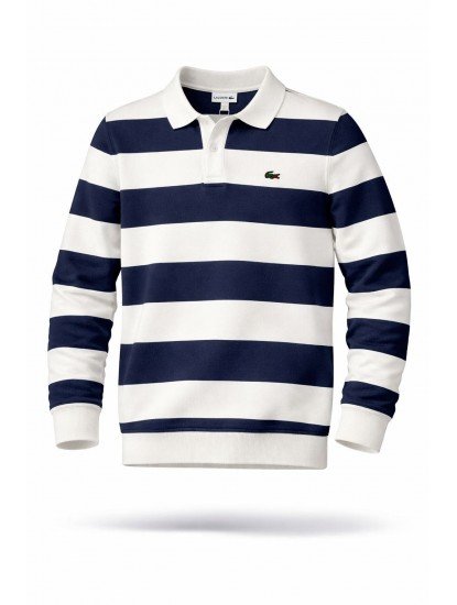 8889- LCST Beyaz Lacivert Çizgili Polo Yaka  Düğmeli Slim Fit  Triko