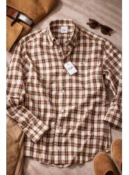 8900-BYMN Comfort Fit Krem-Kahverengi Kareli Pamuk Gömlek