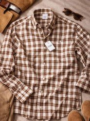 8900-BYMN Comfort Fit Krem-Kahverengi Kareli Pamuk Gömlek