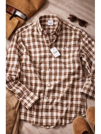 8900-BYMN Comfort Fit Krem-Kahverengi Kareli Pamuk Gömlek