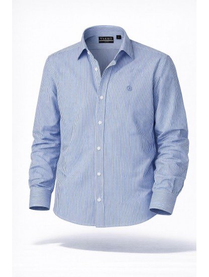 8973-VK Mavi Beyaz  Çizgili Tok Kumaş Comfort Fit Gömlek