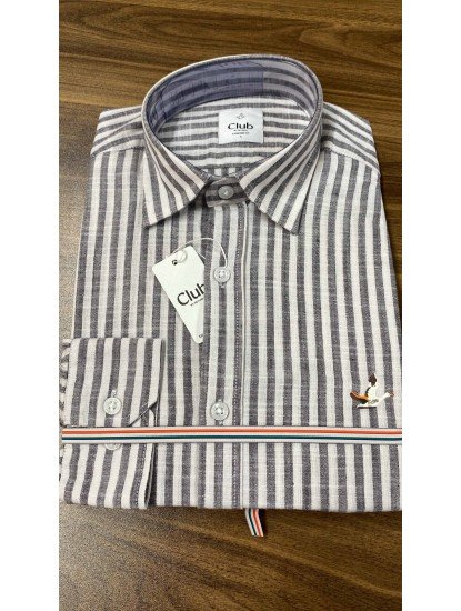 8679- BYMN Comfort Fit Gri Çizgili Keten Gömlek
