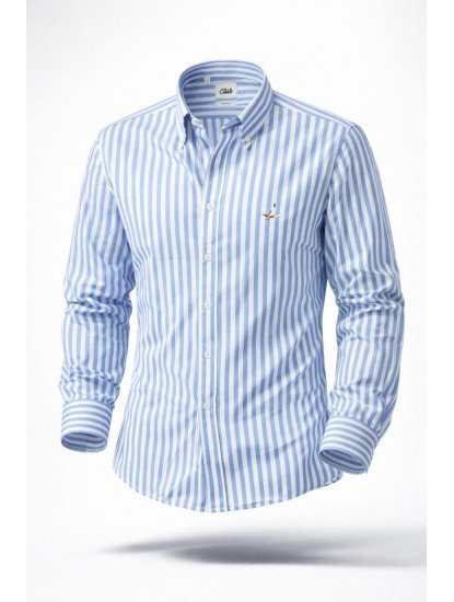 9044-BYMN Açık Mavi Beyaz Çizgili Pamuk Saten Slim Fit Gömlek