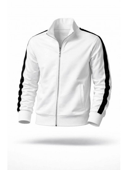 9092-BYMN Ekru Kenarları Şeritli Dik Yaka Tam Fermuarlı  Sweath