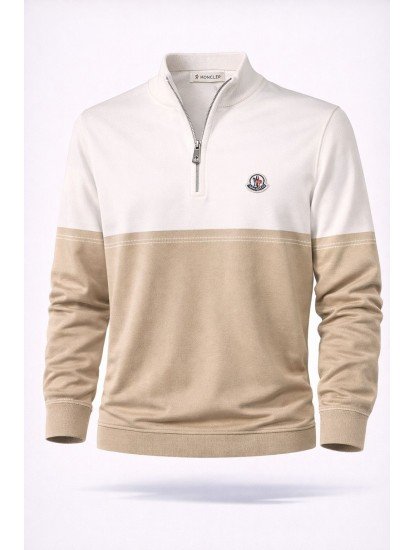 9110-Monchler Bej Yarım Fermuarlı Dik Yaka Triko