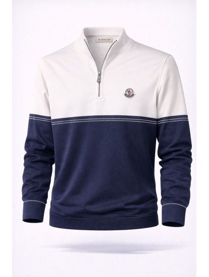 9112-Monchler Lacivert Yarım Fermuarlı Dik Yaka Triko