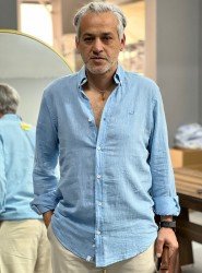 9125-JC Mavi Keten Comfort Fit Gömlek