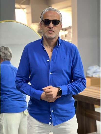 9128-JC Sax Mavisi Keten Comfort Fit Gömlek