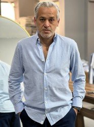 9129-JC Mavi Çizgili Keten Comfort Fit Gömlek