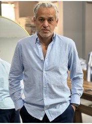 9129-JC Mavi Çizgili Keten Comfort Fit Gömlek