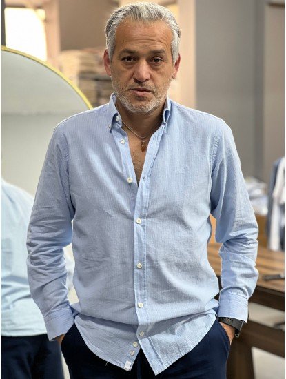 9129-JC Mavi Çizgili Keten Comfort Fit Gömlek