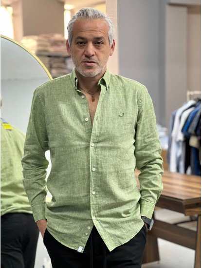 9130-JC Yeşil Keten Comfort Fit Gömlek