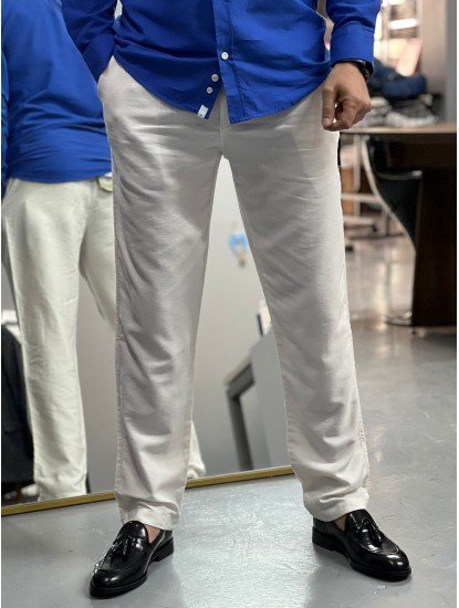 9134-JC Ekru Keten Rahat Kalıp Pantolon