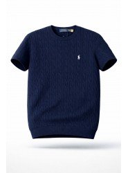 9138-PL Lacivert Saç Örgü Detaylı Kısa kol Triko