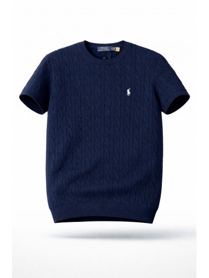 9138-PL Lacivert Saç Örgü Detaylı Kısa kol Triko