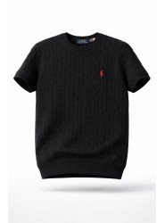 9139-PL Siyah Saç Örgü Detaylı Kısa kol Triko